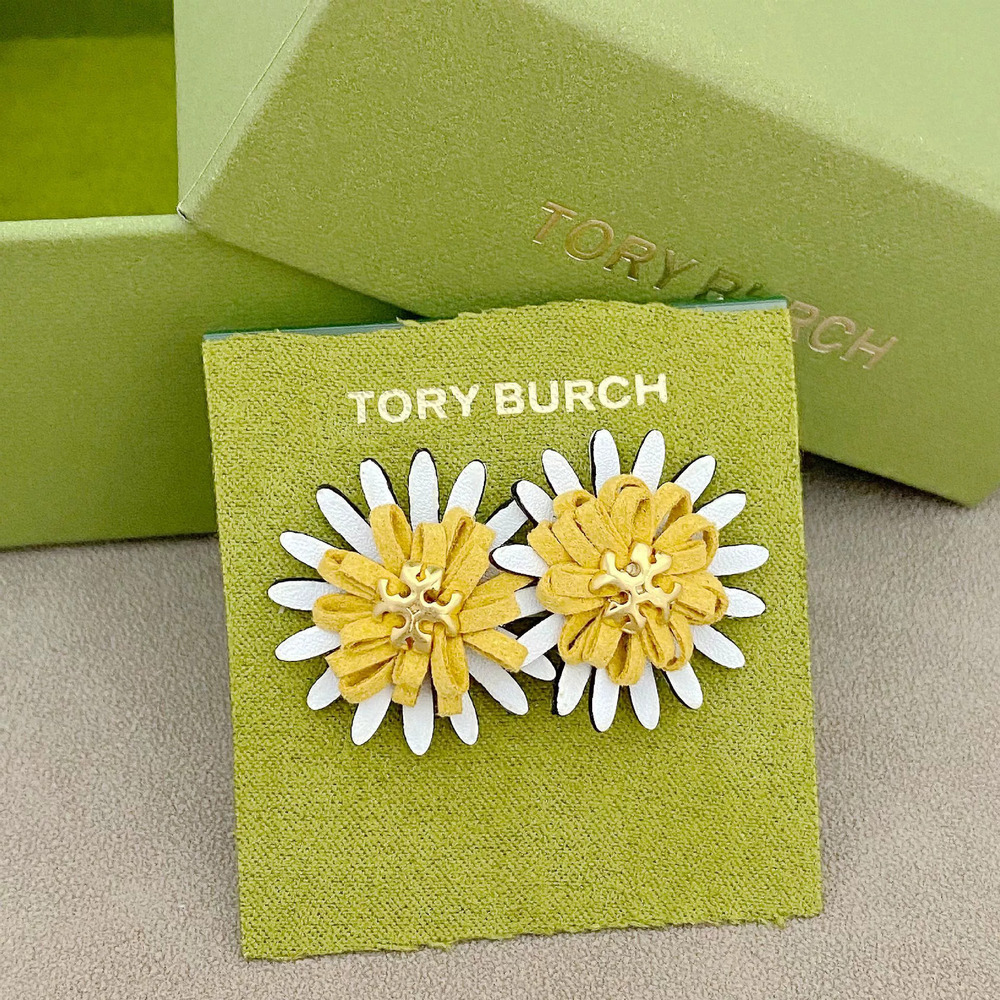 Tory Burch Inlaid Letter Sunflower Metal Stud Earrings